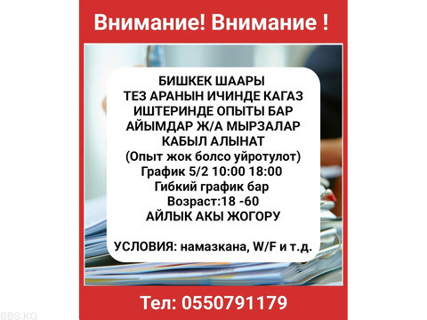 Бишкек шаары тез аранын ичинде кагаз иштеринде опыт бар айымдар жана мырзалар кабыл алынат