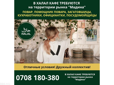 В халал кафе требуются повара, помощники повара, официантки, заготовщицы